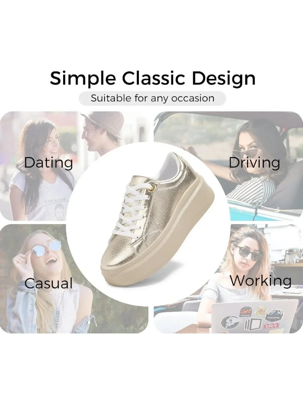 🆕Women's Gold Platform Fashion Sneakers Classic Low Top Thick Sole Casual